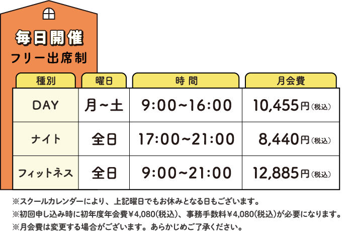 毎日開催 フリー出席制 ※スクールカレンダーにより、上記曜日でもお休みとなる日もございます。 ※初回申し込み時に初年度年会費￥4,080(税込)、事務手数料￥4,080(税込)が必要になります。 ※月会費は変更する場合がございます。あらかじめご了承ください。