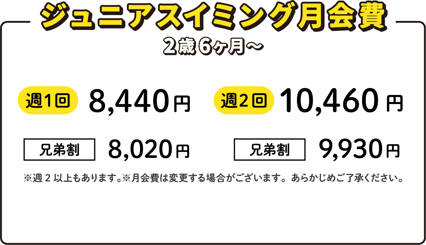 ジュニアスイミング月会費 2歳6ヶ月〜 週1回 8,440円 兄弟割 8,020円 週2回 10,455円 兄弟割 9,930円 ※週2以上もあります。※月会費は変更する場合がございます。あらかじめご了承ください。 送迎スクールバス利用可 バス協力金947円（税込）※バス利用可能はCDEクラスのみ