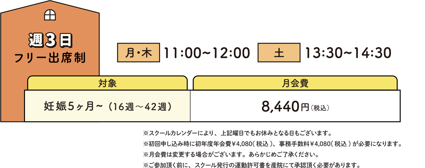 週3日 フリー出席制 ※スクールカレンダーにより、上記曜日でもお休みとなる日もございます。 ※初回申し込み時に初年度年会費￥4,080(税込)、事務手数料￥4,080(税込)が必要になります。 ※月会費は変更する場合がございます。あらかじめご了承ください。※ご参加頂く前に、スクール発行の運動許可書を産院にて承認頂く必要があります。